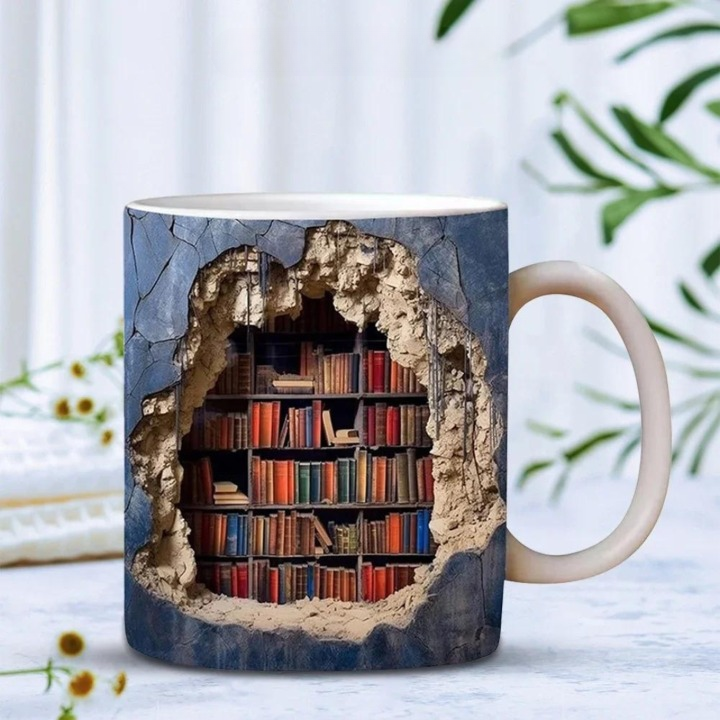 3D ceramic mug with bookshelf